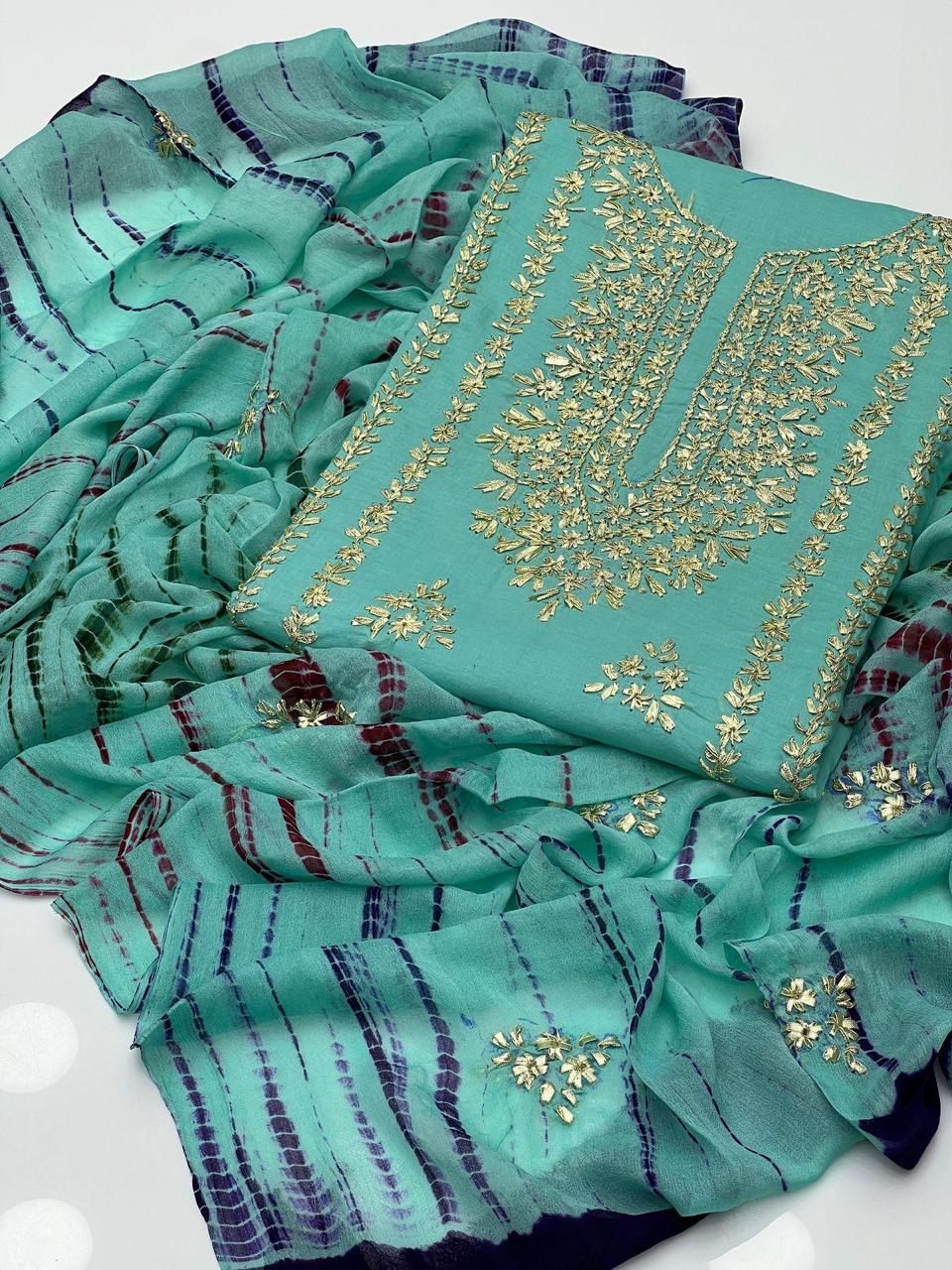 Embroidered Printed 3-Piece Lawn Suit with Striped Dupatta – Elegant Pakistani Wear