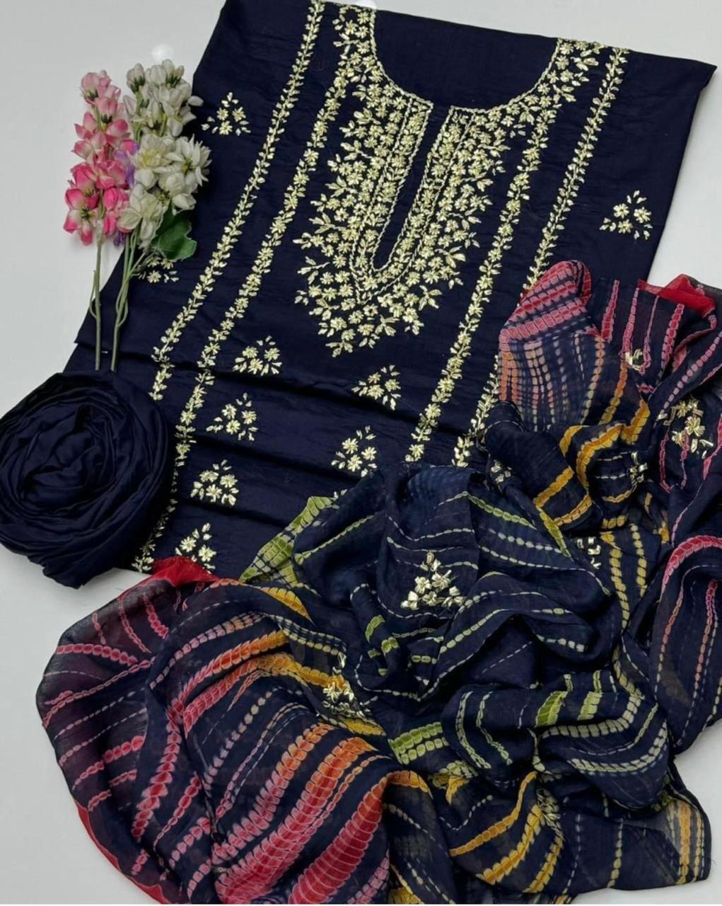 Embroidered Printed 3-Piece Lawn Suit with Striped Dupatta – Elegant Pakistani Wear