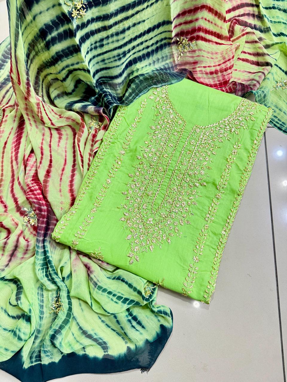 Embroidered Printed 3-Piece Lawn Suit with Striped Dupatta – Elegant Pakistani Wear