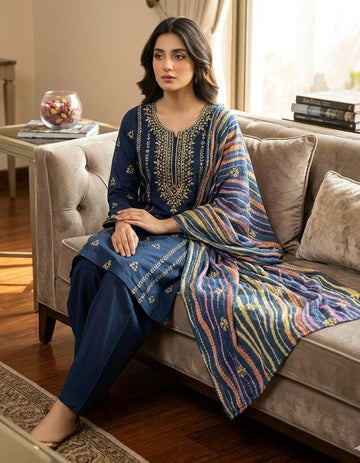 Embroidered Printed 3-Piece Lawn Suit with Striped Dupatta – Elegant Pakistani Wear