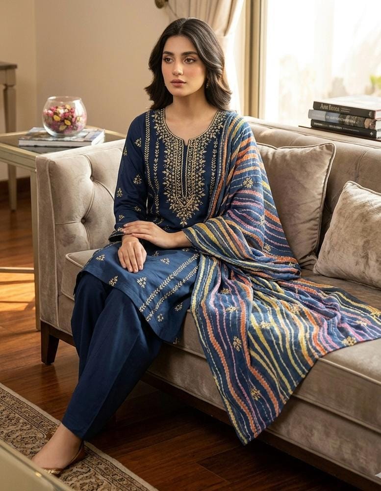 Embroidered Printed 3-Piece Lawn Suit with Striped Dupatta – Elegant Pakistani Wear