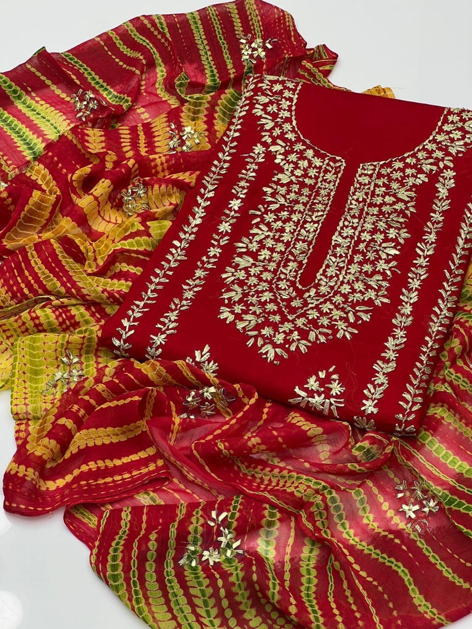 Embroidered Printed 3-Piece Lawn Suit with Striped Dupatta – Elegant Pakistani Wear